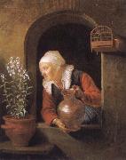 Gerard Dou, Old woman at her window,Watering flower